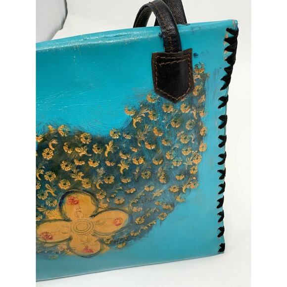 Hand Made  Aqua Floral Leather Messenger Handbag - Picture 4 of 6